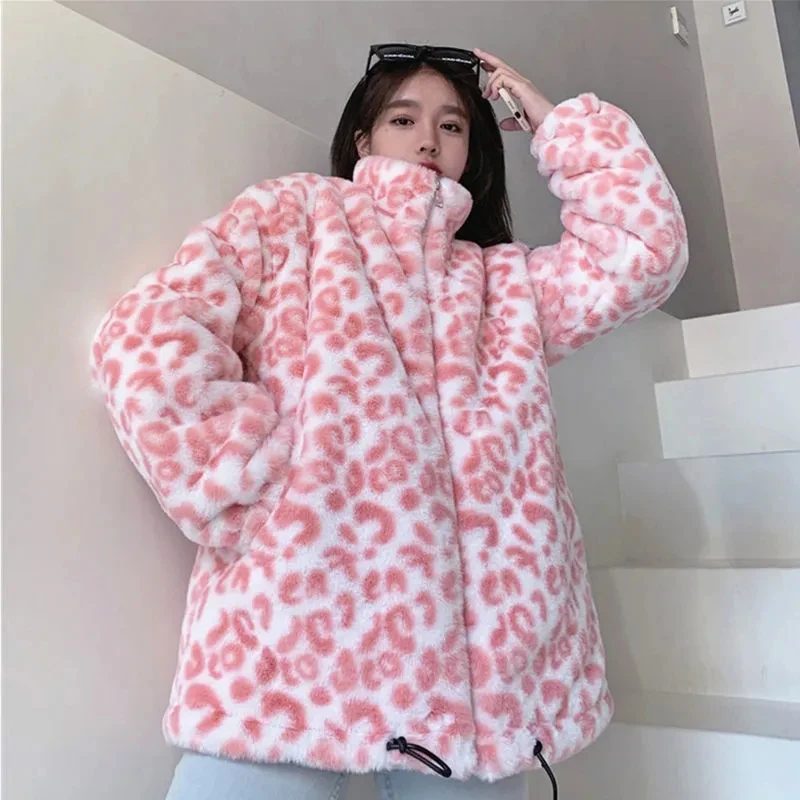 

Korean Winter Leopard Print Faux Fur Coat Women Fashion Loose Stand-up Collar Zipper Short Coats Cute Preppy Style Warm Jackets