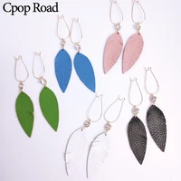mg 5 colors leaf genuine cowhide leather earrings glass feather earring new fashion party jewelry women accessories girl gift