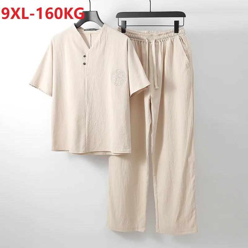 

Men T-shirt short sleeve and pants linen cotton floral embroidery homewear Chinese style big size 8XL 9XL vintage Tang suit tees