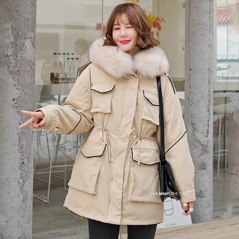 

Женский пуховик с капюшоном, парка на белом утином пуху, с большим воротником из натурального меха, зимняя одежда, 90%