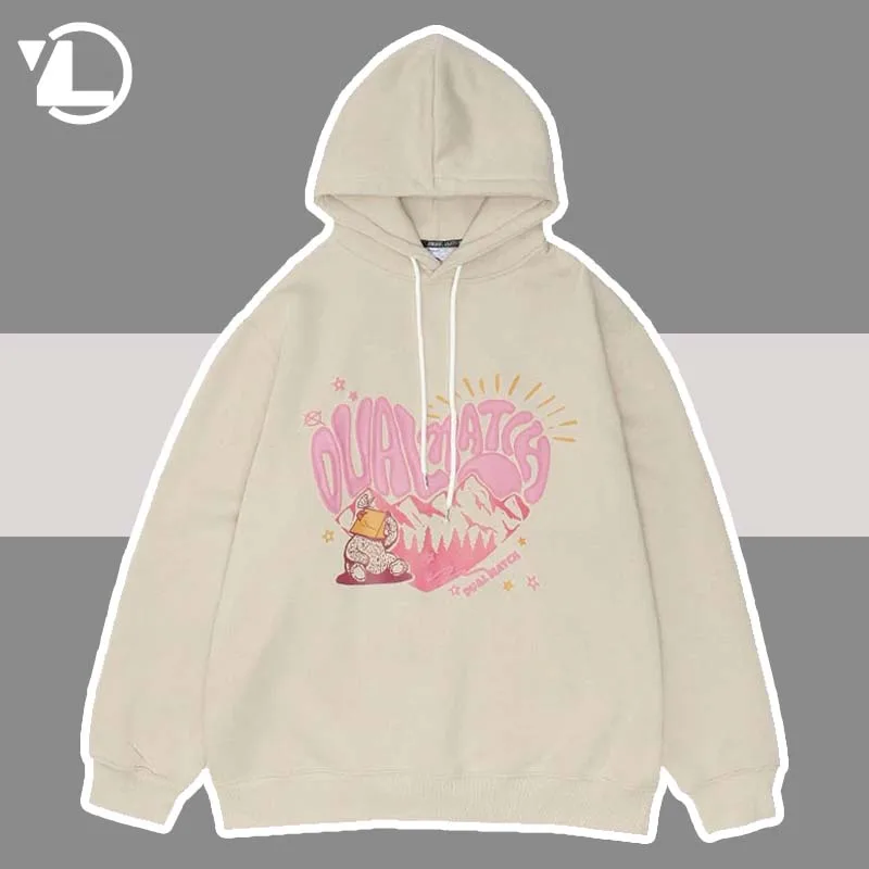 

Hip Hop Hoodies Men Heart Bear Print Fleece Hooded Sweatshirts Mens Harajuku Streetwear Hoodie Oversized Winter Pullover Couples
