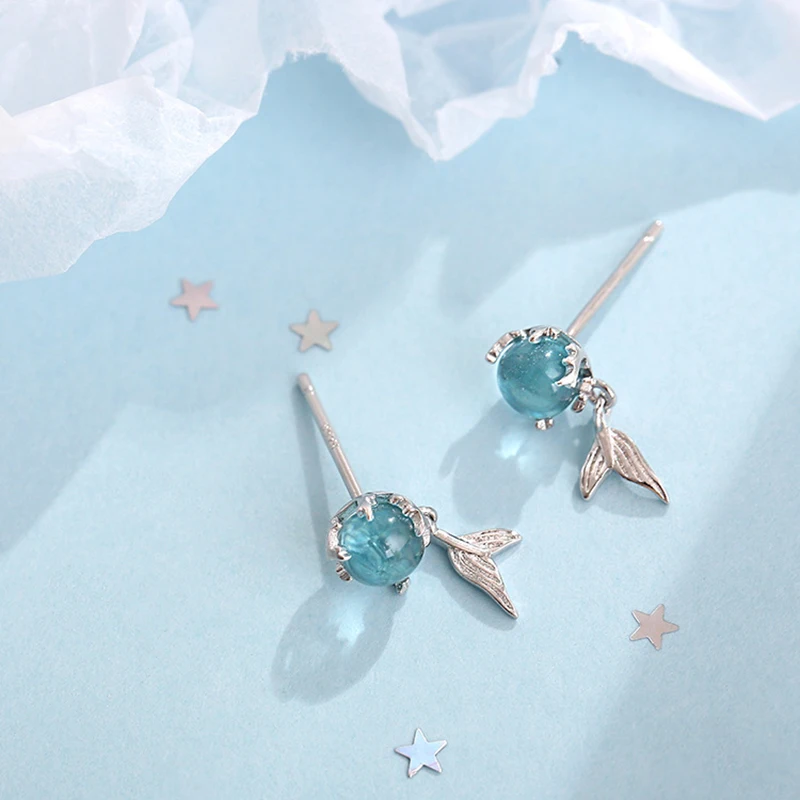 

Silver Blue Crystal Fish Tail Earrings Fashion Earrings Jewelry For Women Girls Mermaid Stud Earrings Wedding Party Jewelry