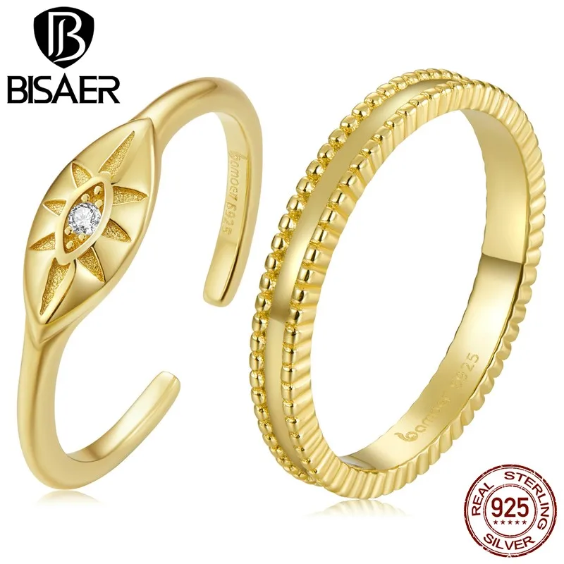 

BISAER 925 Sterling Silver Ring Minimalist Plated Gold Demon Eye Open Size Adjustable Rings Women Engagement Wedding Jewelry