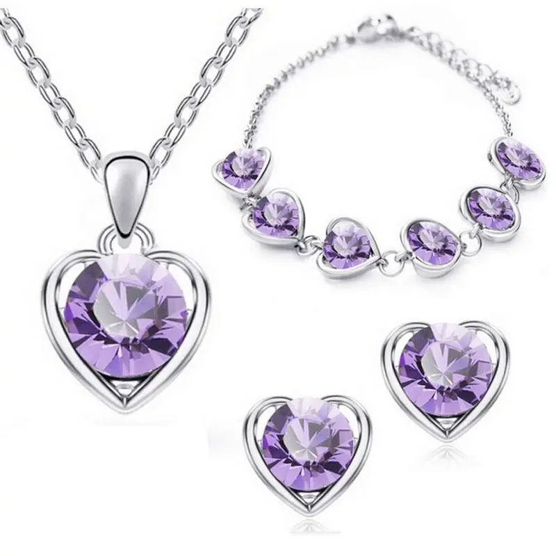 

Free Shipping 925 sterling silver emerald heart purple pendant necklace earrings bride / female wedding engagement jewelry set