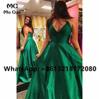 Элегантное зеленое вечернее платье 2021, длинное платье для выпускного вечера, вечернее атласное платье с глубоким V-образным вырезом и карманами на бретелях-спагетти для женщин