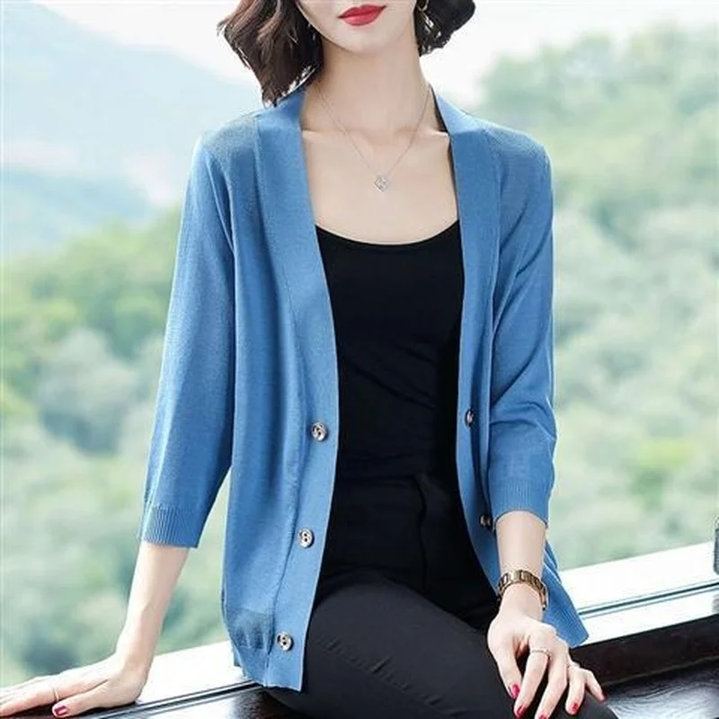 

Women Simple Solid White Cardigan Spring Summer Thin Silk Knitted Cardigans Female Casual Loose Sweater Coat Jacket X270