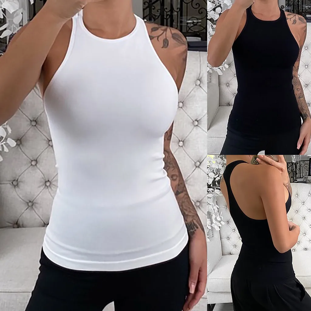 

Sexy Women Tank Top 2020 Summer Women Plus Size Blackless Sleeveless Solid O-neck Vest Tank Pullover Tops Shirts