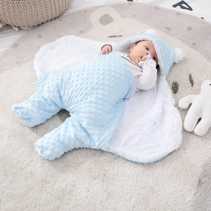 

Baby Sleeping Bag Double-layered Newborns Split Legs Wrapped with Beanie Velvet Wrapper Anti-kicking Baby Swaddling Autumn