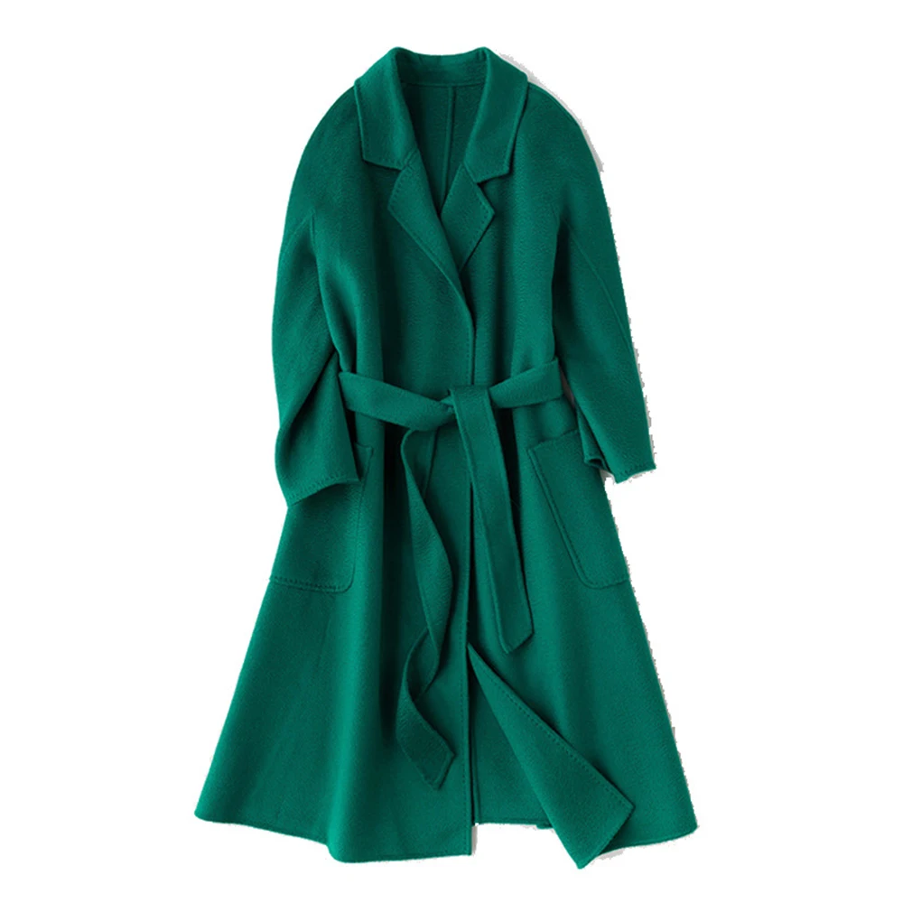 Пальто женское Шерстяное двухстороннее однотонное длинное размера плюс |