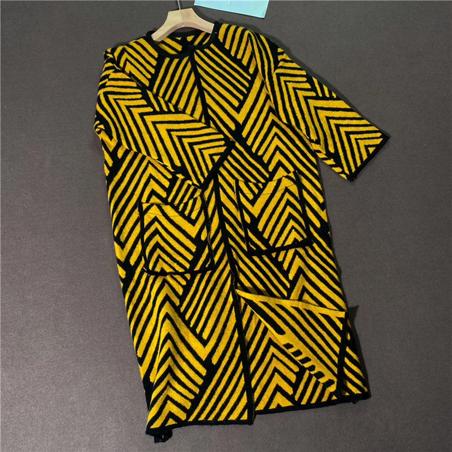 

Sheep Winter Geometric Cardigan Long Winter Sweater Coat Women Casual Knitted Long Cardigan Knit Sweater Pocket Knitted Jacket