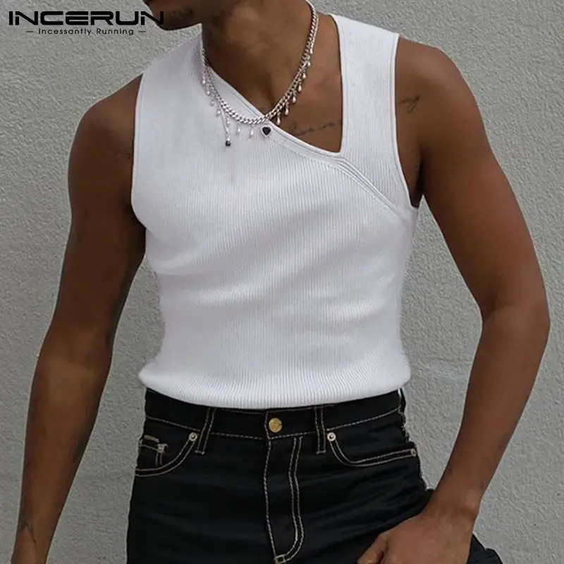 

Men's Solid Color Sexy Leisure Comeforable Sleeveless Vests Irregular Tank Tops 2022 Knitted Pit Strip Bevel Collar Vests S-5XL