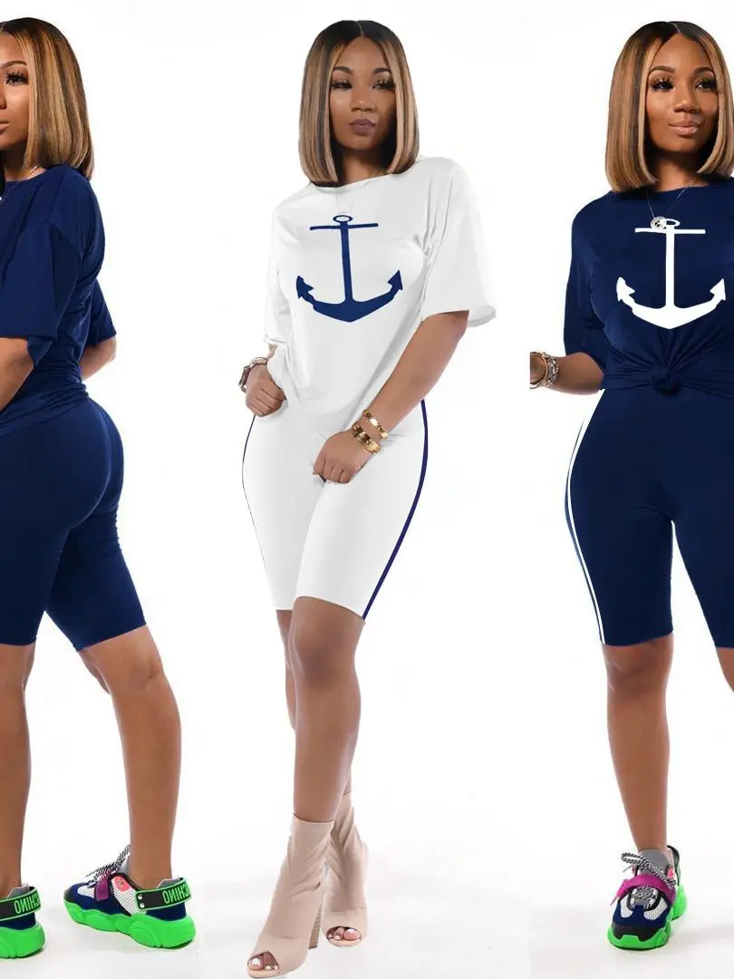 

women Boat Anchor Print female two-piece short-sleeved t-shirts printed navy suits anchor two-piece shorts suit Casual fahion