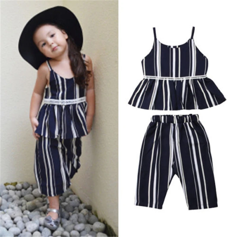 

AA UK Kids Baby Girl 2Pcs Striped Summer Outfits Suspender Skirt Tops Pants Clothes