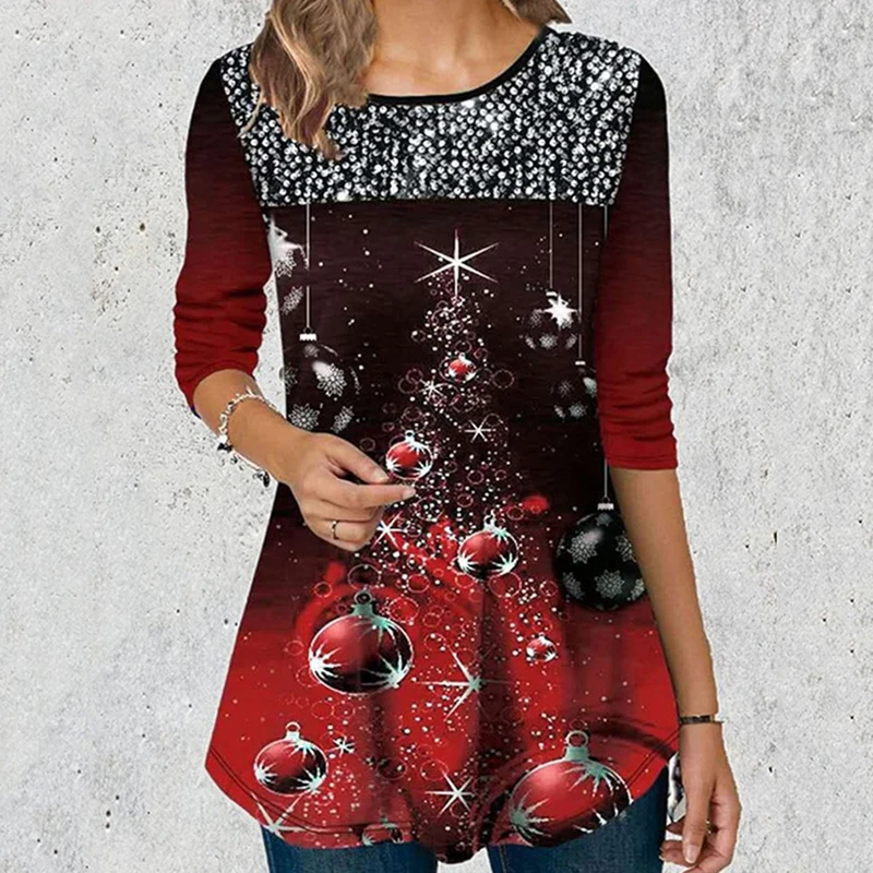 

Повседневная рубашка с рождественским принтом, женская одежда, Осенний уличный костюм с круглым вырезом, свободные блузы, Женская Весенняя ...