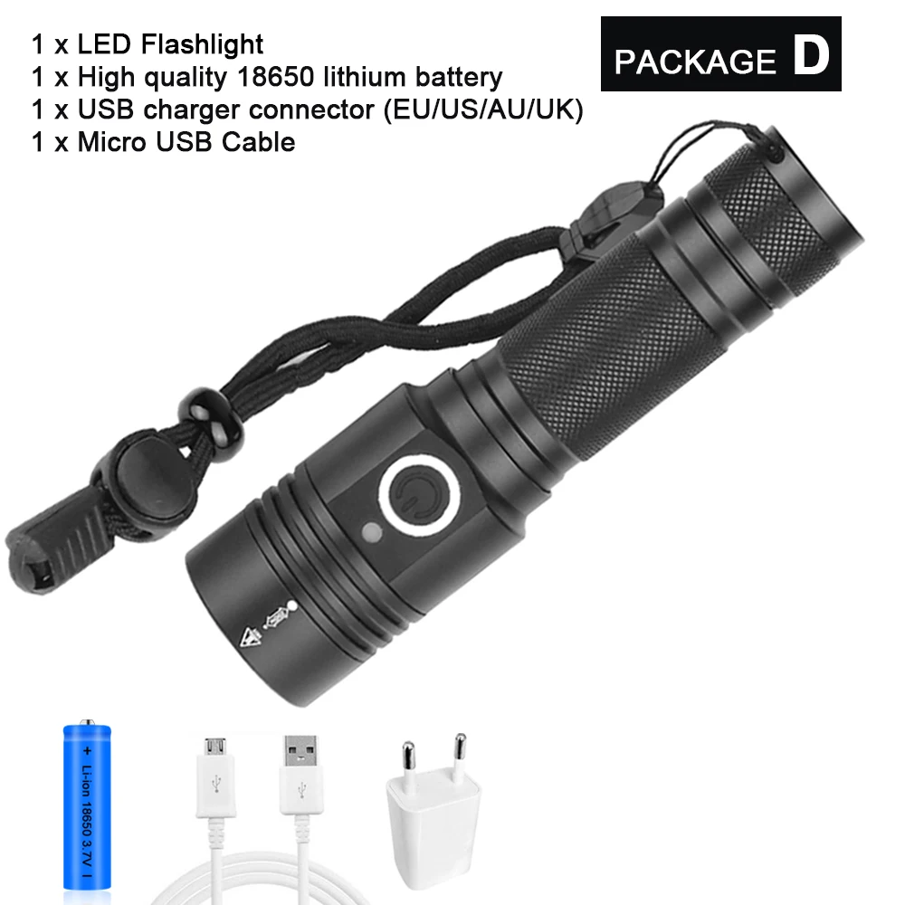 Package D Супер яркий XHP50 светодиодный фонарик самый мощный фонарик с зумом охотничья вспышка light18650 водонепроницаемый USB перезаряжаемый светодиодный фонарь - Испускаемый цвет: Package D