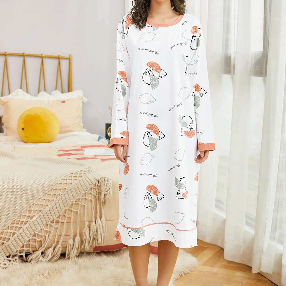 

Женская хлопковая ночная рубашка с длинным рукавом и одежда для сна Conlia, комфортное Ночное платье из искусственной кожи с милым принтом, дом...