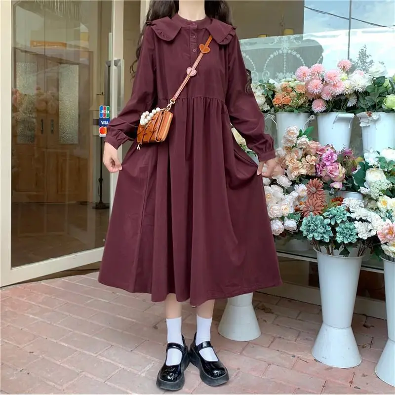 

QWEEK Japanese Kawaii Peter Pan Collar Dress Soft Mori Girl Long Sleev Midi Red Wine Dress Lolita Cute Clothes Autumn 2021