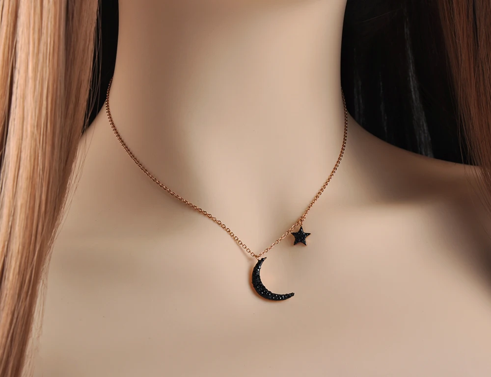 ZooMango Fashion Black Rhinestones Star &amp Moon Charm Necklaces Stainless Steel Rose Gold Pendants Necklace For Women ZN18238 | Украшения