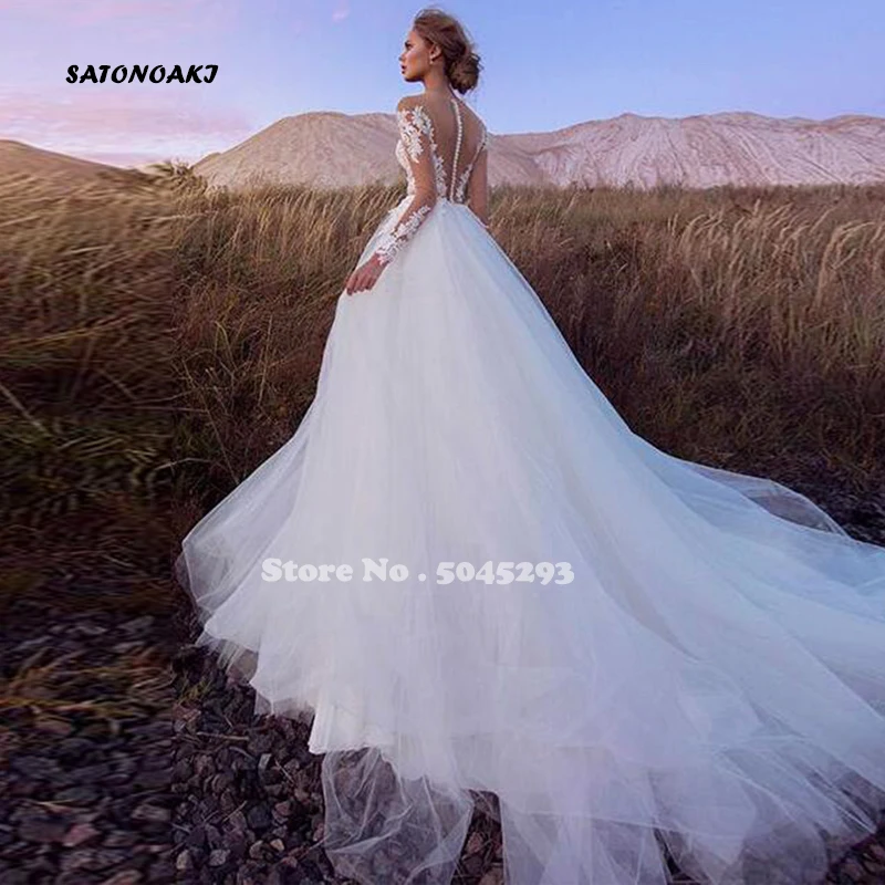 

Boho Wedding Dress 2021 Lace Appliques Beach Bride Gown Illusion Tulle Long Sleeves Vestido De Novia Robe Mariage Online Shop