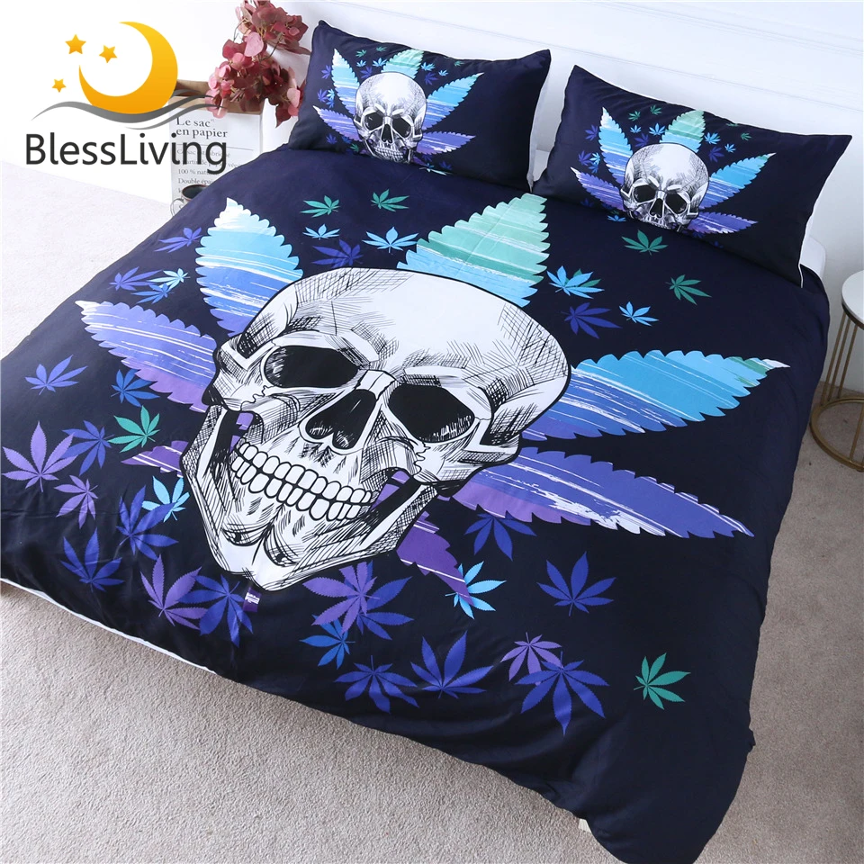 BlessLiving Skull Bedding Set Maple Leaf Duvet Cover Set Gothic Comforter Cover Blue Purple Adult Bedspreads Queen Size 3-Piece