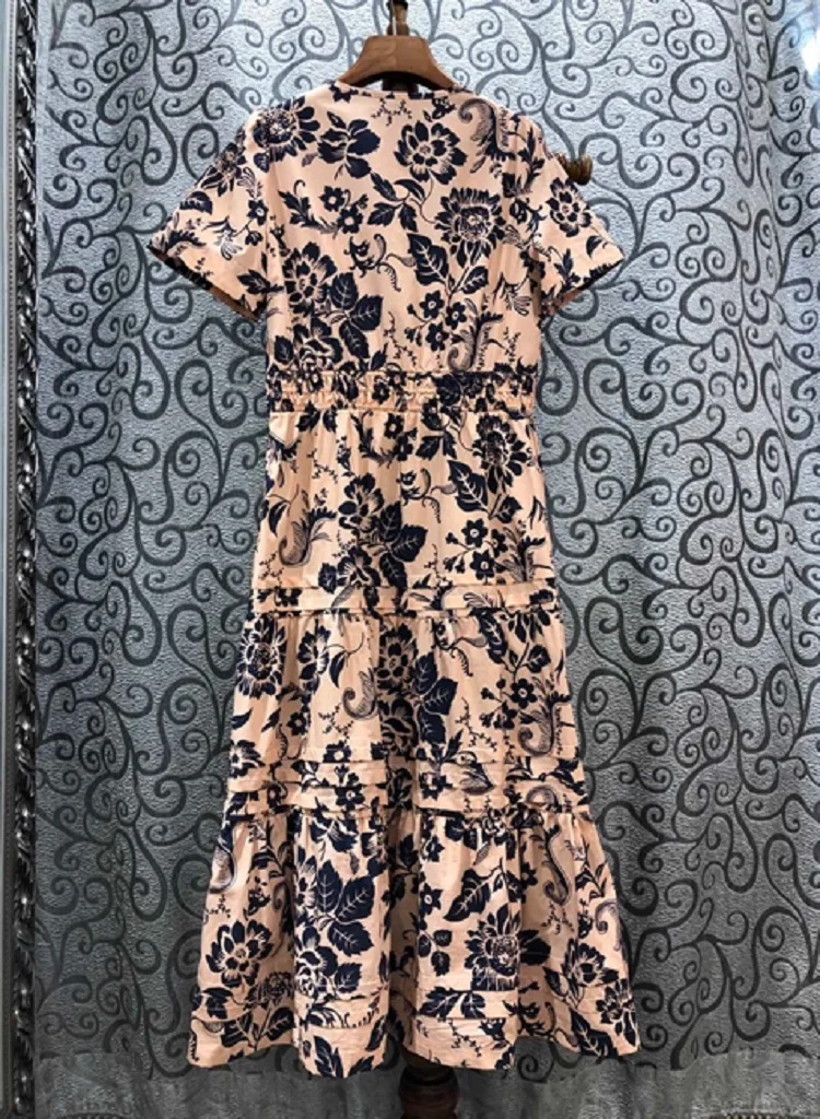 

100%Cotton Dress 2020 Summer Fashion Clothing Women O-Neck Vintage Floral Print Short Sleeve Mid-Calf Length Casual Dress Design