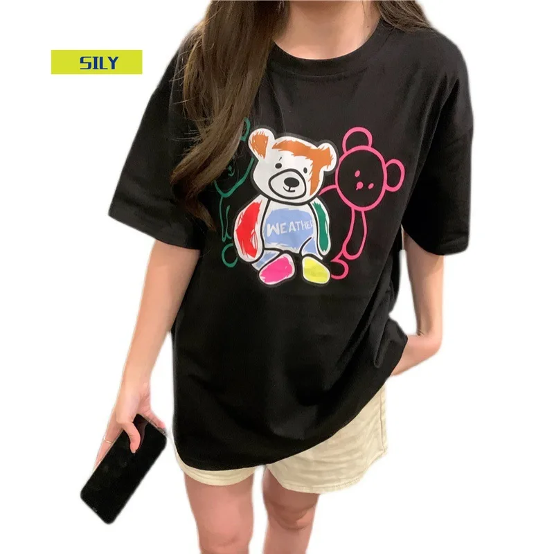 

2022 Summer Korean version of the long loose bear print short-sleeved t-shirt girl woman tshirts