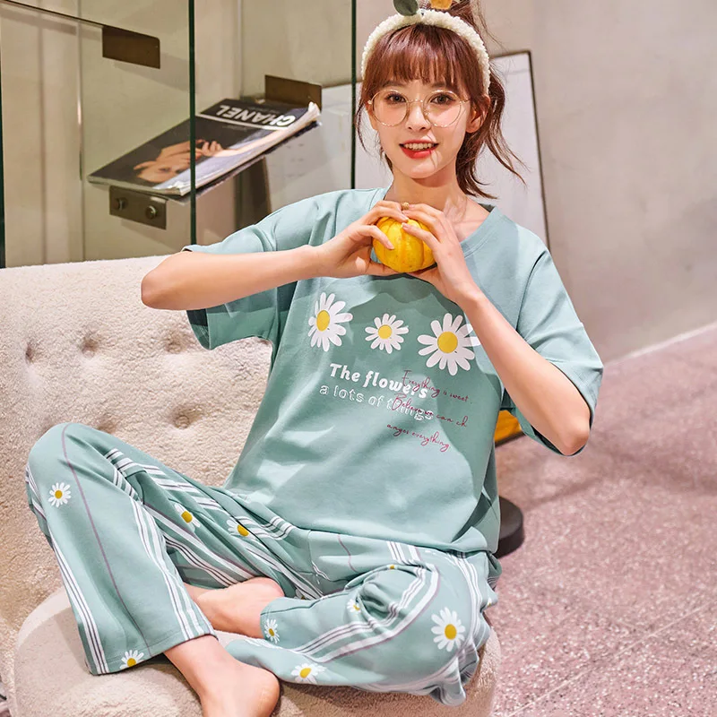 21 New Pajamas Women's Short Sleeve Trousers Nightgown Spring Summer Cotton Nightwear Korean Leisure Home Suit Plus Size