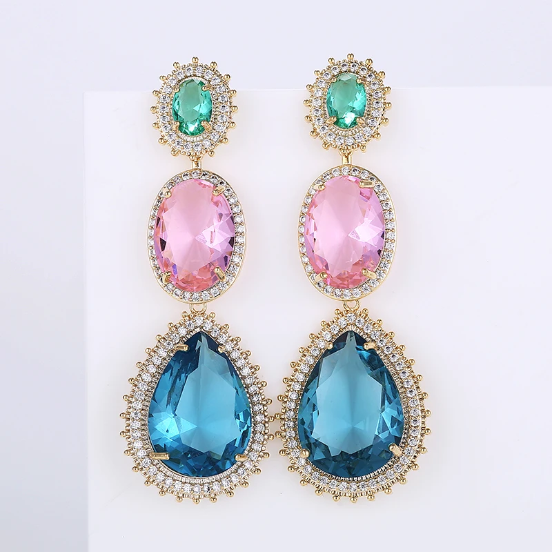 Роскошные серьги массивные в форме капли воды розовые/синие циркониевые стразы