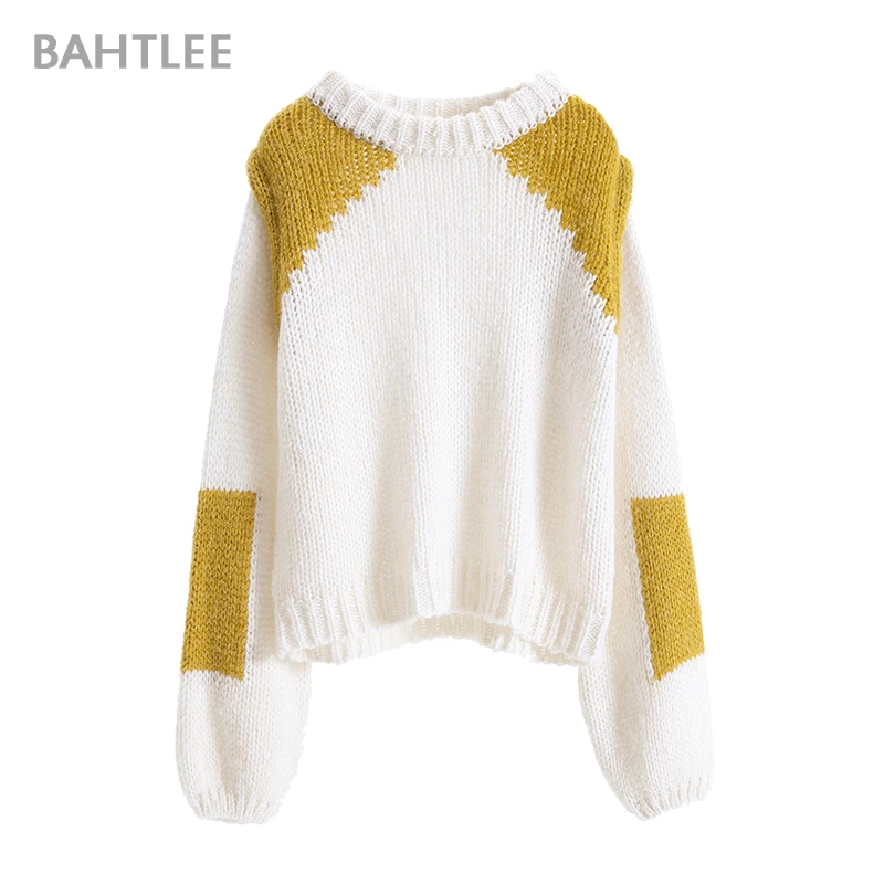 BAHTLEE Winter Women Mohair Thick Pullover O-Neck Sweater Long Lantern Sleeves Wool Color Matching Knitted Jumper Loose Style