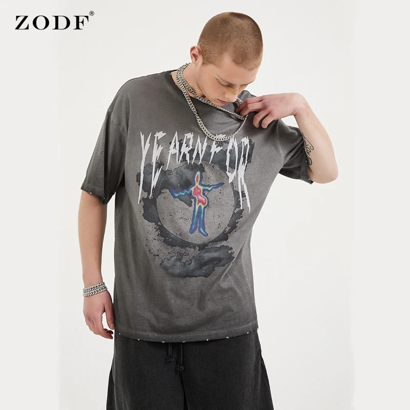 

ZODF Chic Men 2021 Soft Cotton T Shirts Digital Printing Summer Washed High Street Loose Streetwear T-Shirt Brand Tees HY0025