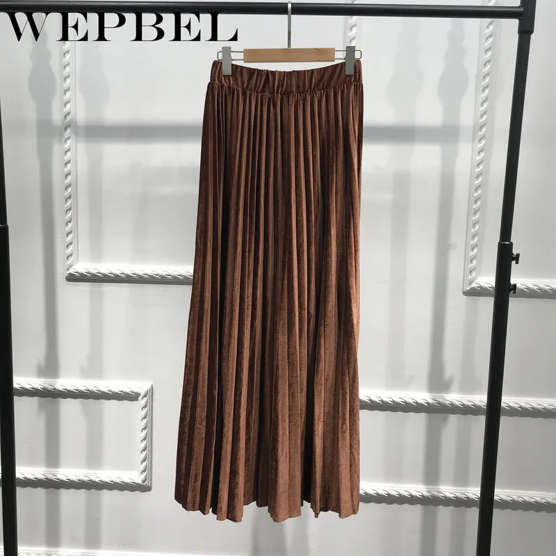 

WEPBEL Plain Muslim Women Casual Maxi Long Pleated Skirts High Waist Ladies Ball Gown Skater Flared Skirt