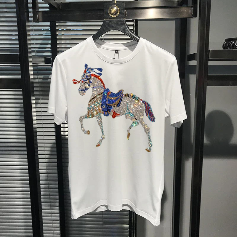 mens stock fashion anti wrinkle t shirt hot drilling oversized animal pattern brand new 4 colors short sleeve free global shipping