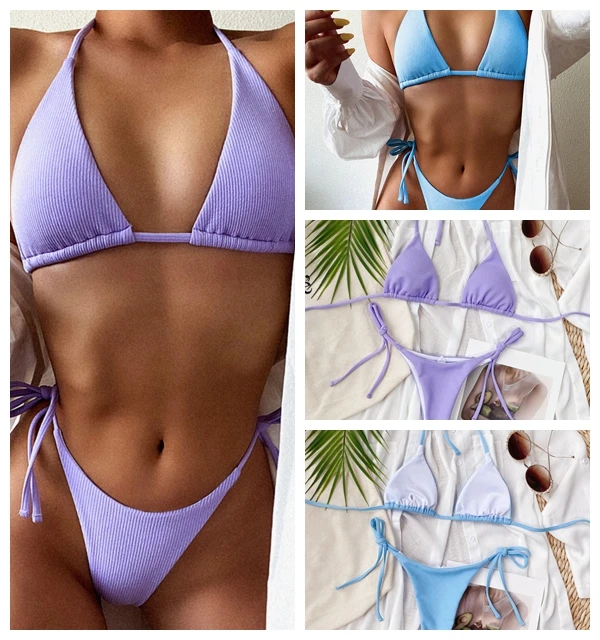 

Купальник-бикини женский однотонный треугольный с открытой спиной