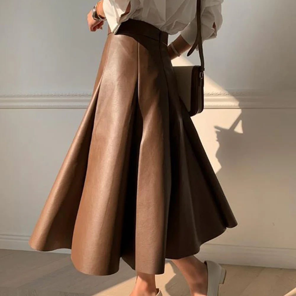

PU Leather Elegant Midi Skirt Women 2021 Spring Fashion Party Office Skirts Ladies High-Waisted Zipper Solid Autumn Skirts Jupe