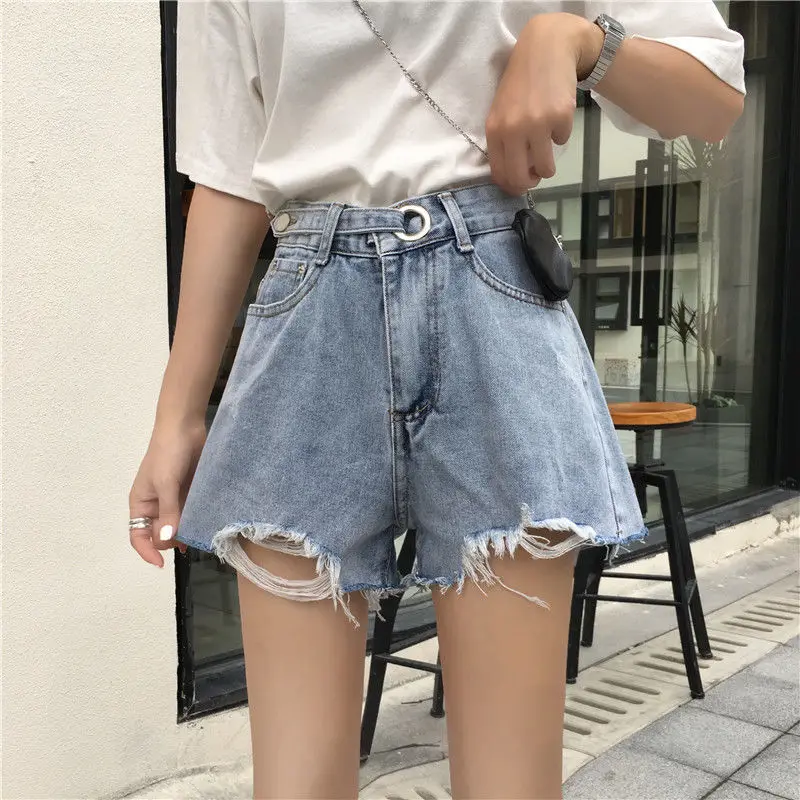 

Holed denim shorts women's 2021 summer new Korean high waist thin student versatile loose wide leg hot pants trend