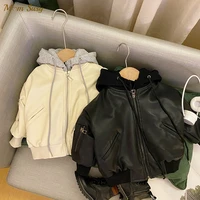 fashion baby girl boy pu leather jacket hooded winter infant toddler kids leather coat fashion chaqueta thick clothes 1 10y