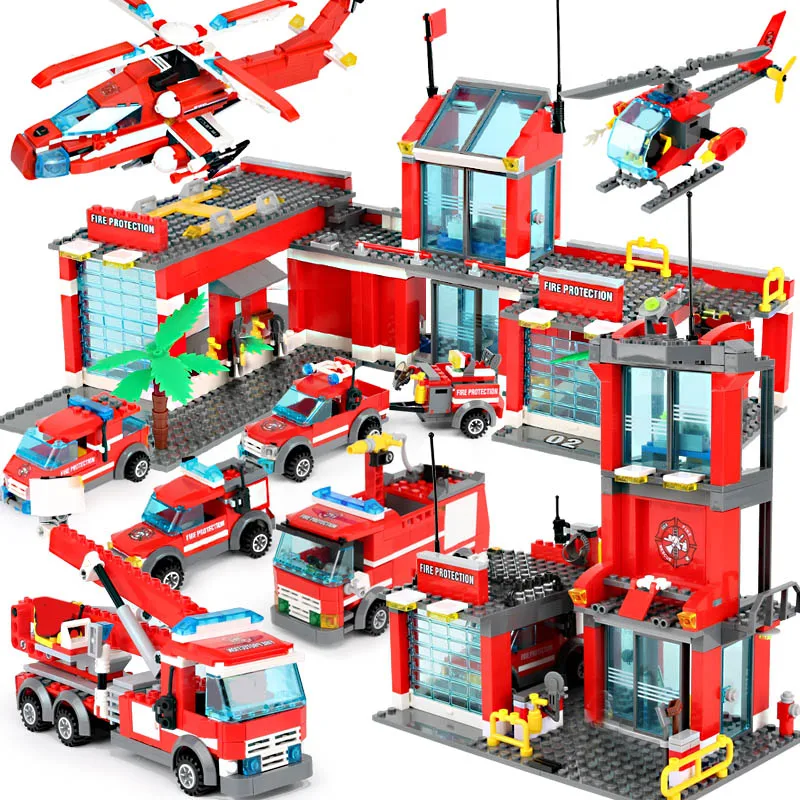 Классические пожарные автомобили, вертолеты, лодки, строительные блоки, городской пожарный, пожарные, фигурки, кирпичи, игрушки для детей, п...
