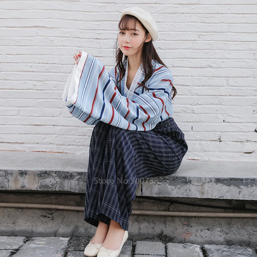 

2020 Women Japanese Style Traditional Clothing Kimono Cosplay Kawaii Girls Streetwear Fashion Haori Stripe Top Plaid Pants Suits
