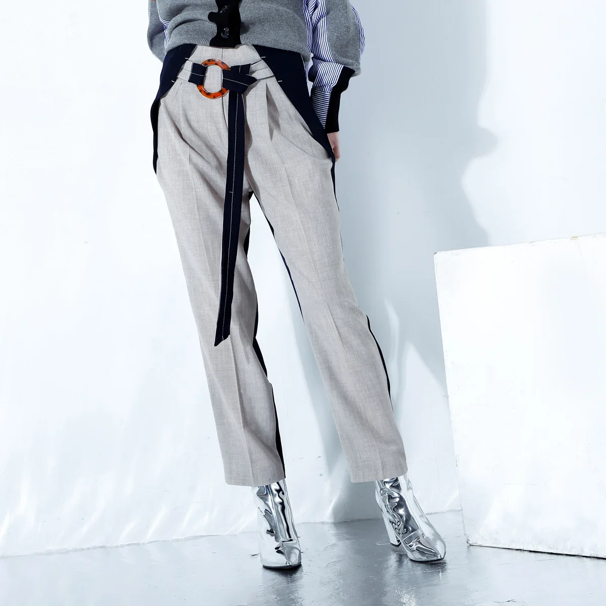 

Harajuku Pants Spring Stitched Linen Pierced Belt Amber Button Wide-legged Radish Straight Women Bottoms Ankle-length Pants