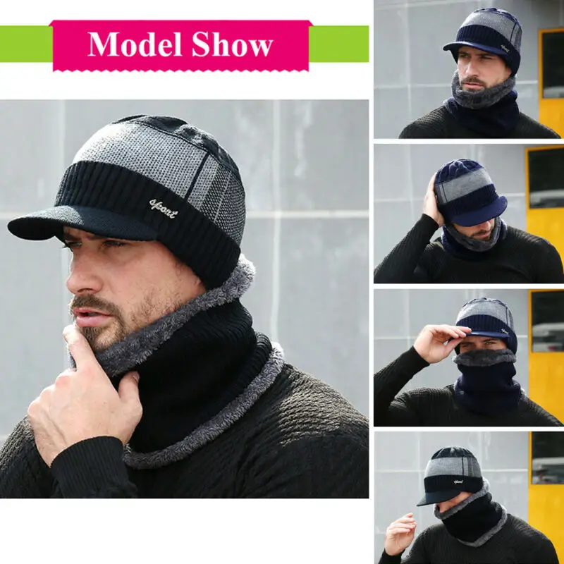 Мужская теплая шапка и теплый шарф унисекс однотонная вязаная черного серого