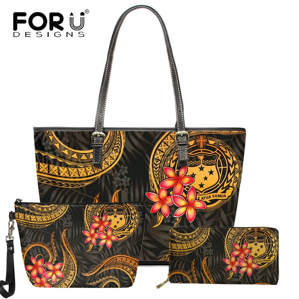 

Модная женская большая сумочка FORUDESIGNS Polyneisan, Самоанская Сумочка с принтом Plumeria, женская сумка из искусственной кожи, комплект из тоута и бум...
