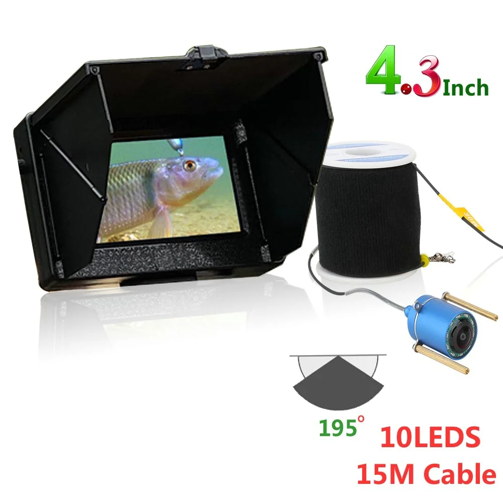 Продажа Подводная камера для рыбалки, 15 м, 1200 ТВЛ, 4,3 дюйма, 10 шт., светодиодный, с ночным видением, 195 градусов