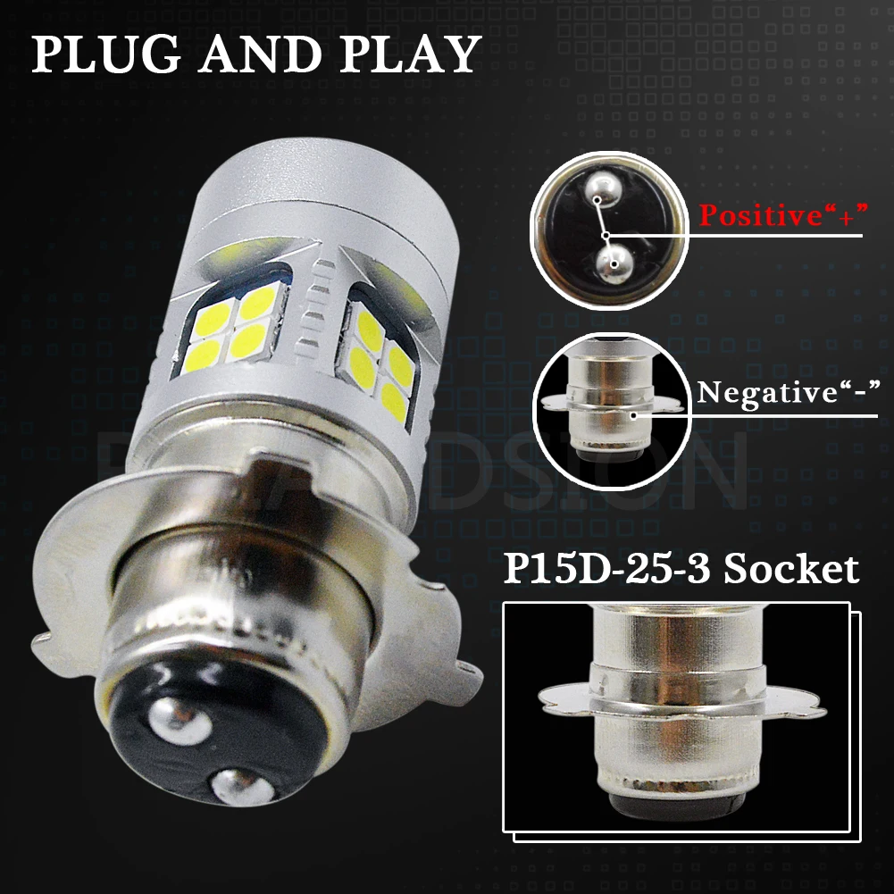 1PC 6-24V DC Motorcycle Headlight Bulbs P15D-25-3 LED High Low beam Motorbike Lamps Conversion Kit 800LM 6000K 6V 12V - купить по