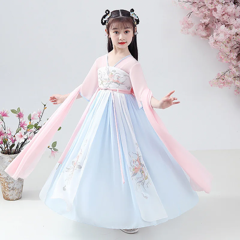 Детское летнее платье Ханьфу для девочек с коротким рукавом, китайское традиционное костюмное платье для косплея бабочки феи.