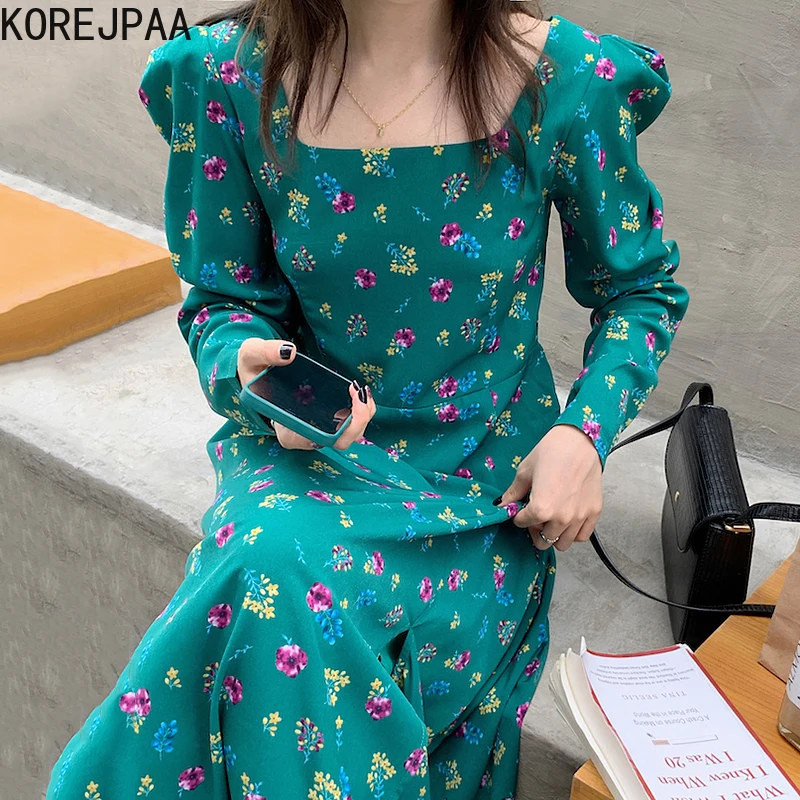 

Korejpaa Women Dress 2021 Korean Fashion Autumn Elegant Retro Square Collar Floral High Waist Hem Split Puff Sleeve Vestidos