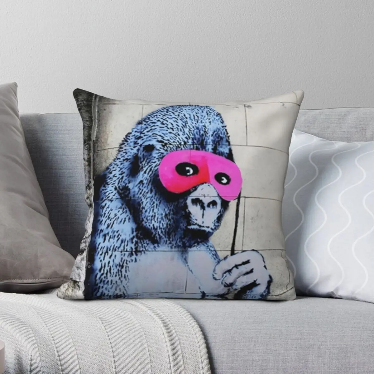 

Pink Gorilla Mask Banksy Pillowcase Polyester Linen Velvet Creative Zip Decor Throw Pillow Case Room Cushion Cover 18"