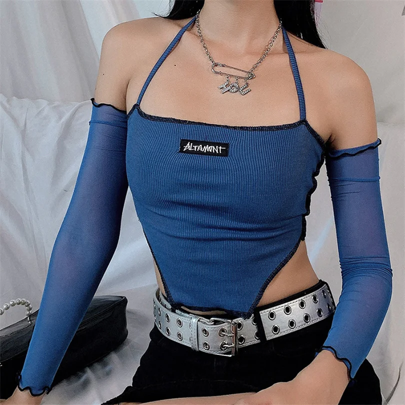 

Women’s Casual Long Sleeve T-shirt Fashion Solid Color Boat Neck Bandage Backless Exposed Navel Tops Blue Tanks Camis