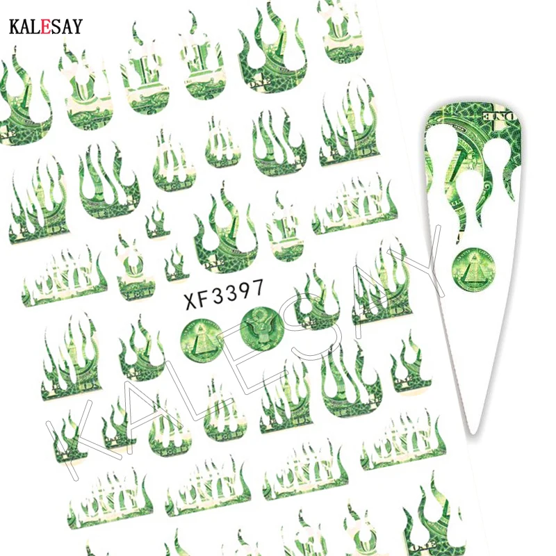 

3D Design Fire Flame Nail Sticker for Manicure Green Clover Leaf Decoration Adhesive Designer Nail Art Sticker Nail Accesoires