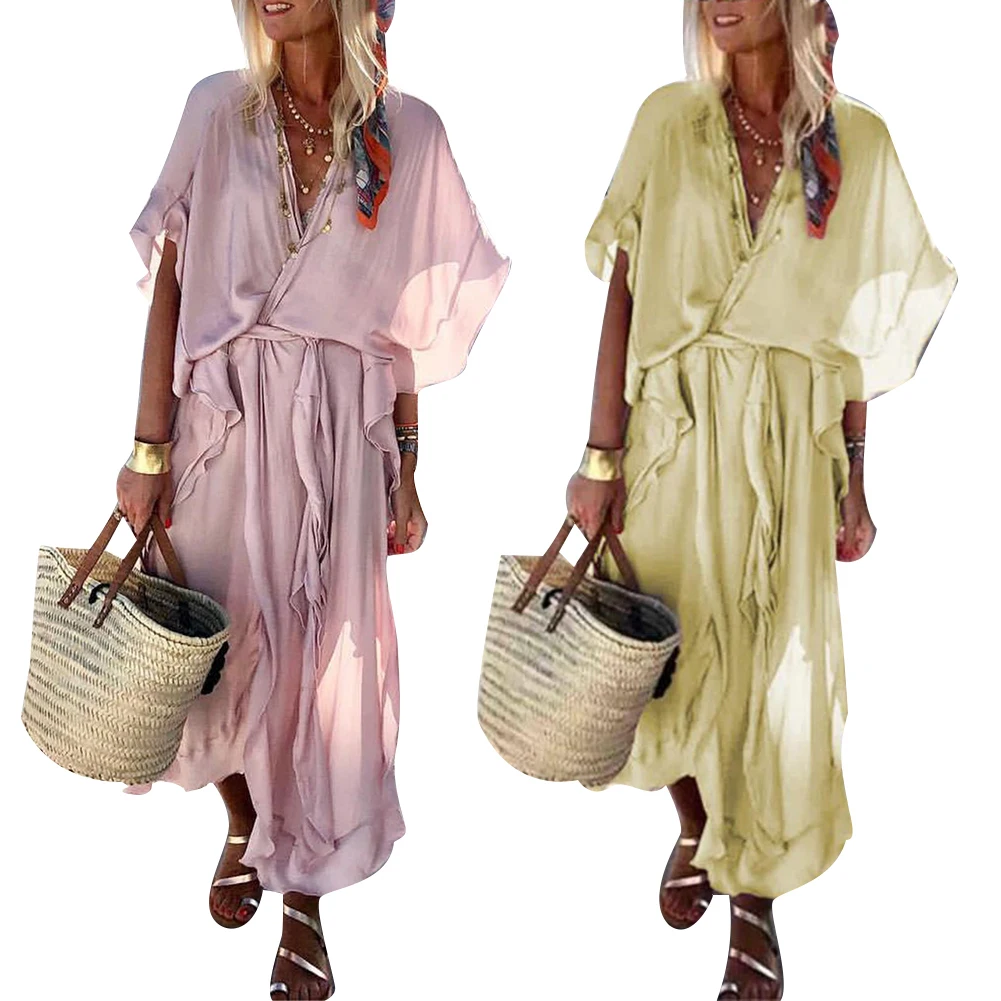 

Boho Loose Solid Color V Neck Short Sleeve Ruffled Women Summer Beach Maxi Dress
