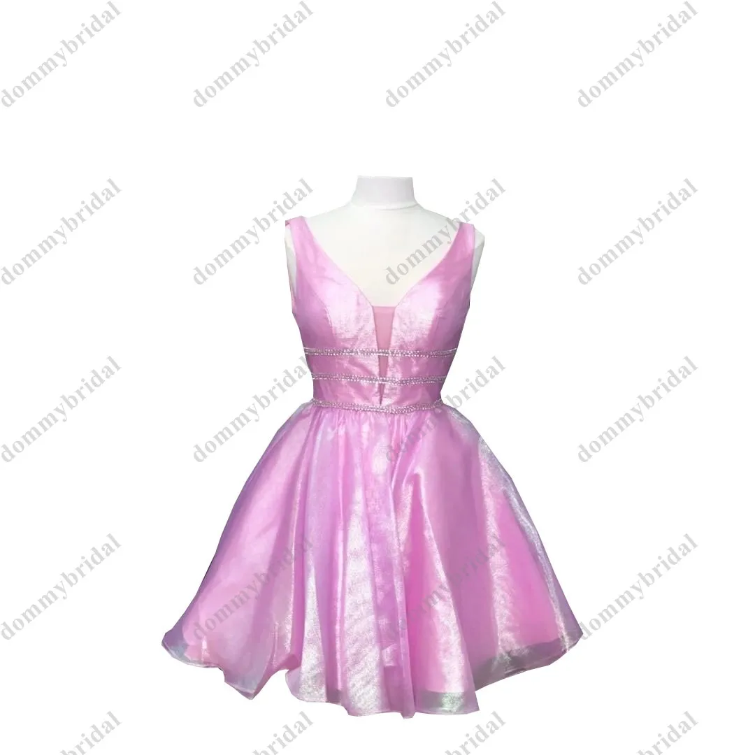 

2023 романтические розовые короткие коктейльные платья для выпускного вечера с V-образным вырезом, блестящие ленты из бисера
